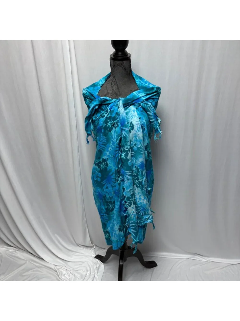 Hawaiian Floral Blue Scarf Fringe Shawl Sarong Wrap Cover Up Fashion Accessory